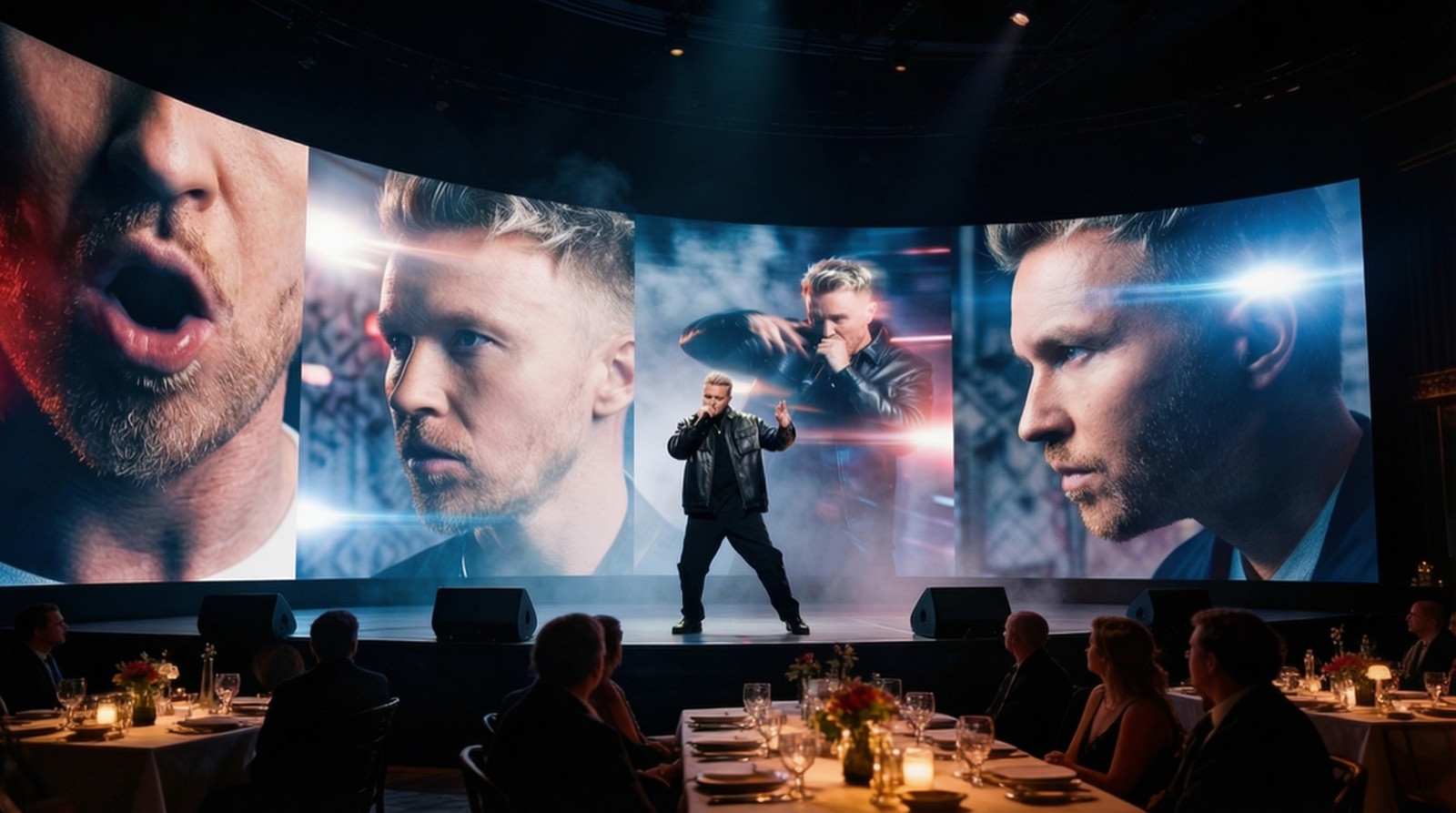 Rudi Rok x AI Band — neljä Rudia screenillä, oikea Rudi lavalla